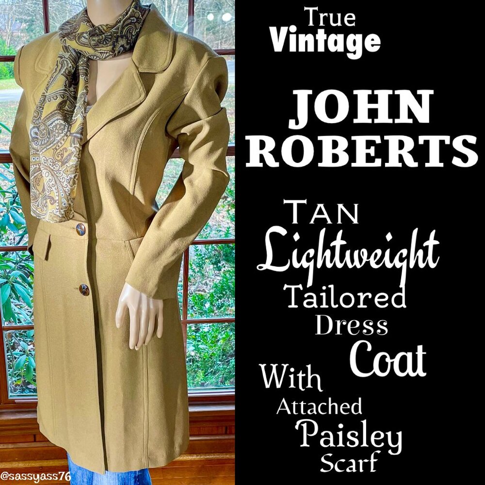 ⭐️HP⭐️VTG▪️JOHN ROBERTS▪️Tan Lightweight Tailored Coat Attached Paisley Scarf